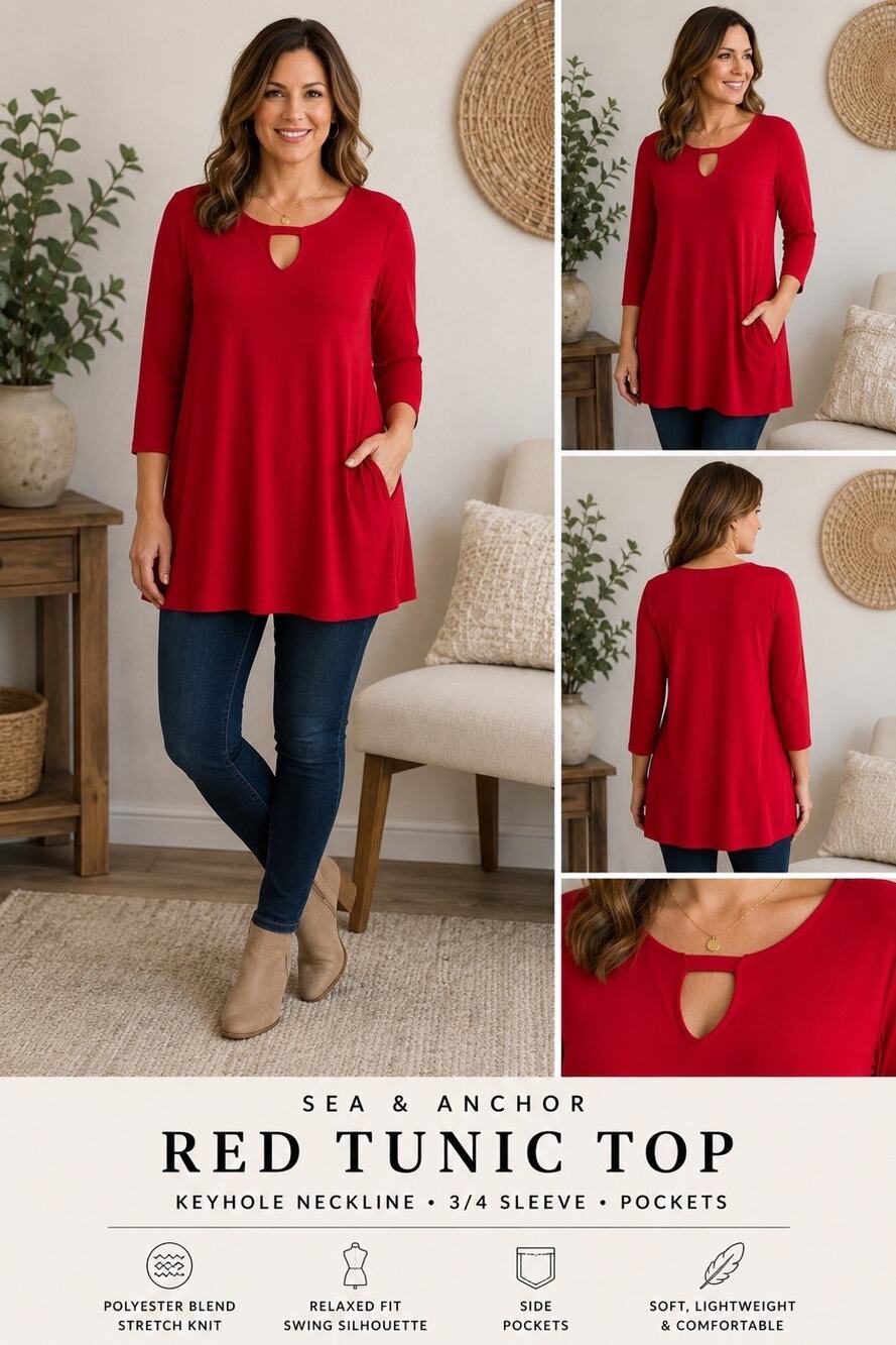 Sea & Anchor Red Tunic Top Large Keyhole 3/4 Sleeve Pockets Stretch Knit